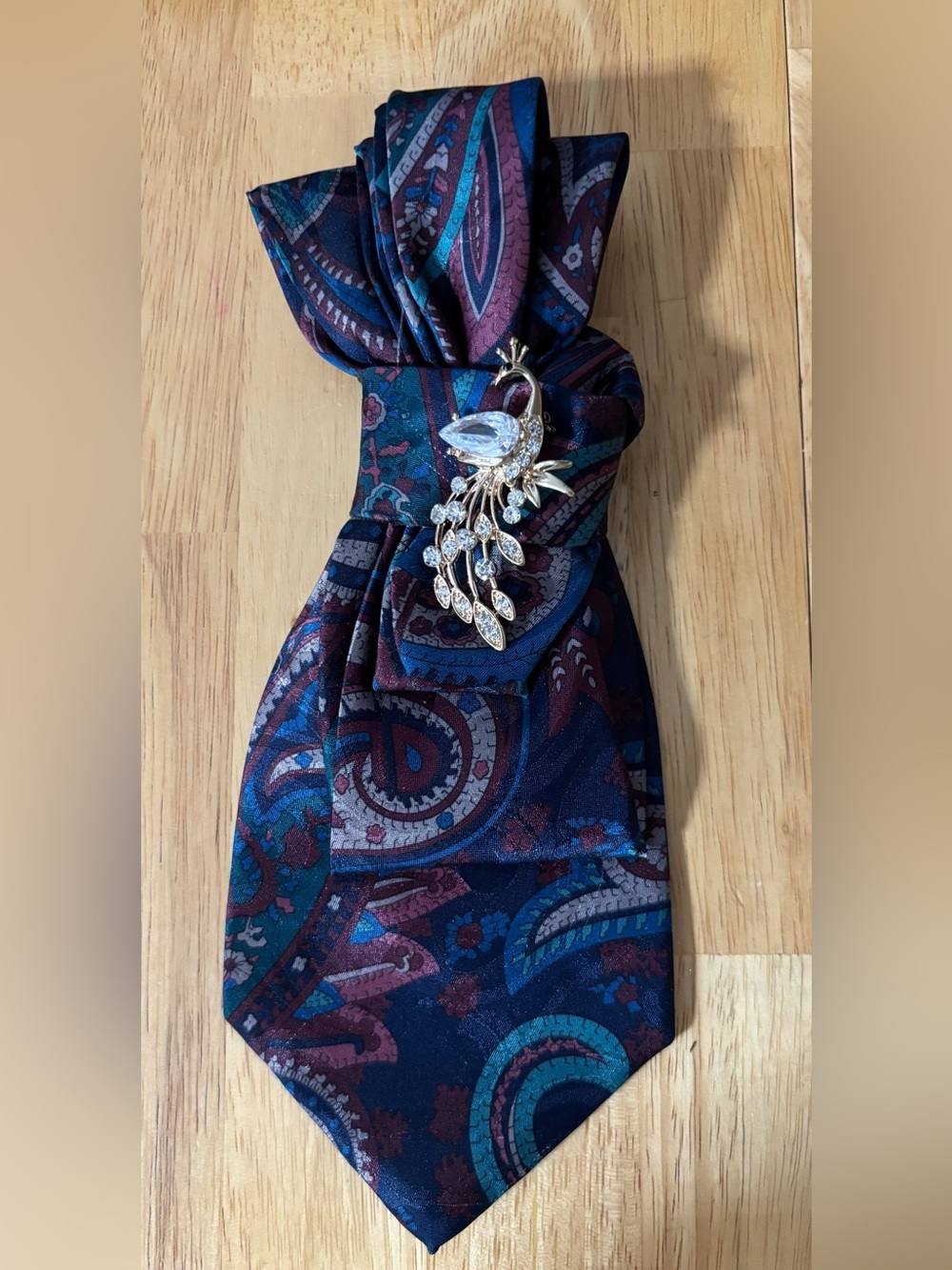 Navy Paisley Silk Tie Necklace with Peacock Brooch